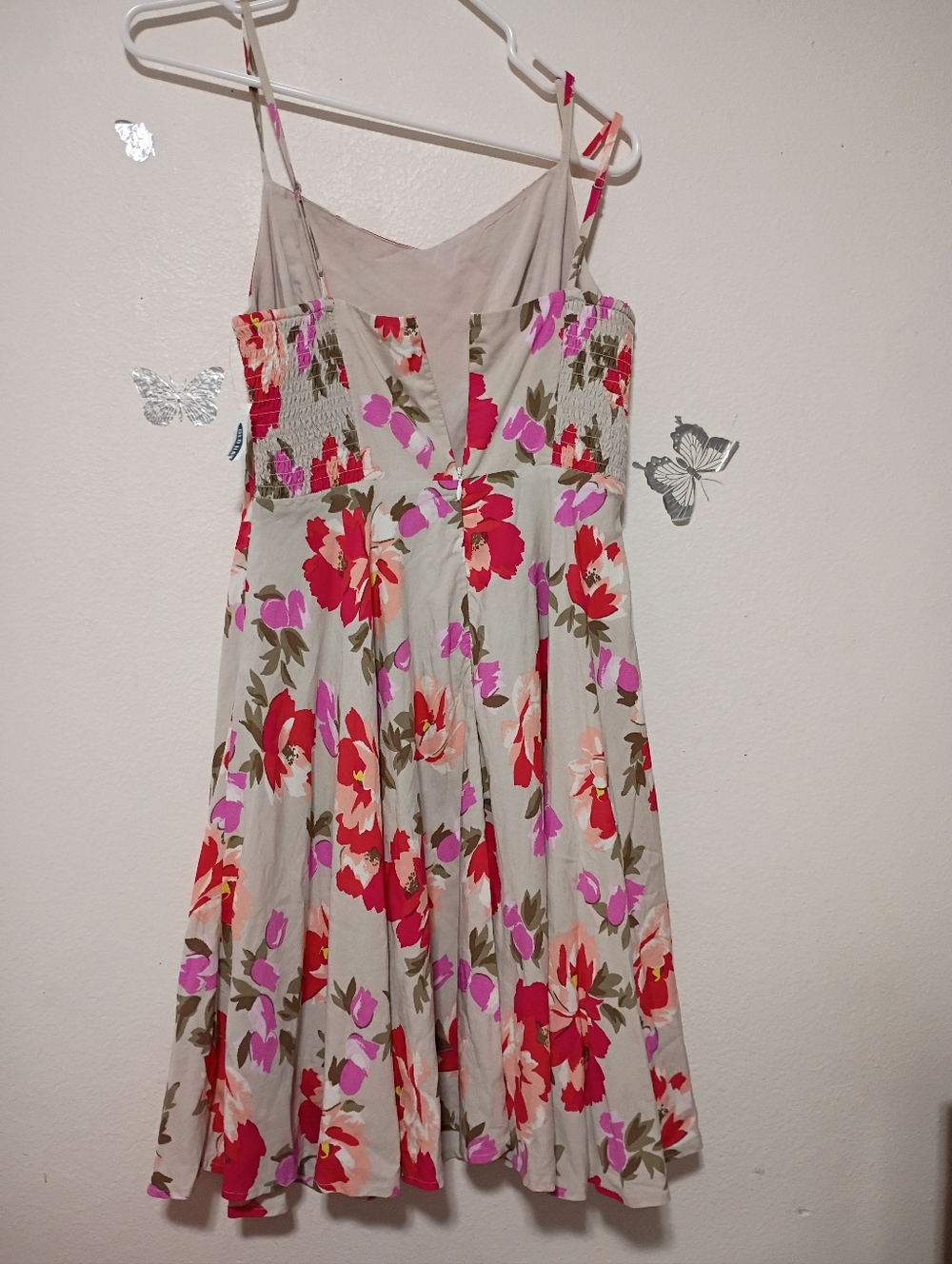 Old Navy Beige Floral Mini Dress with Pink & Red Blooms